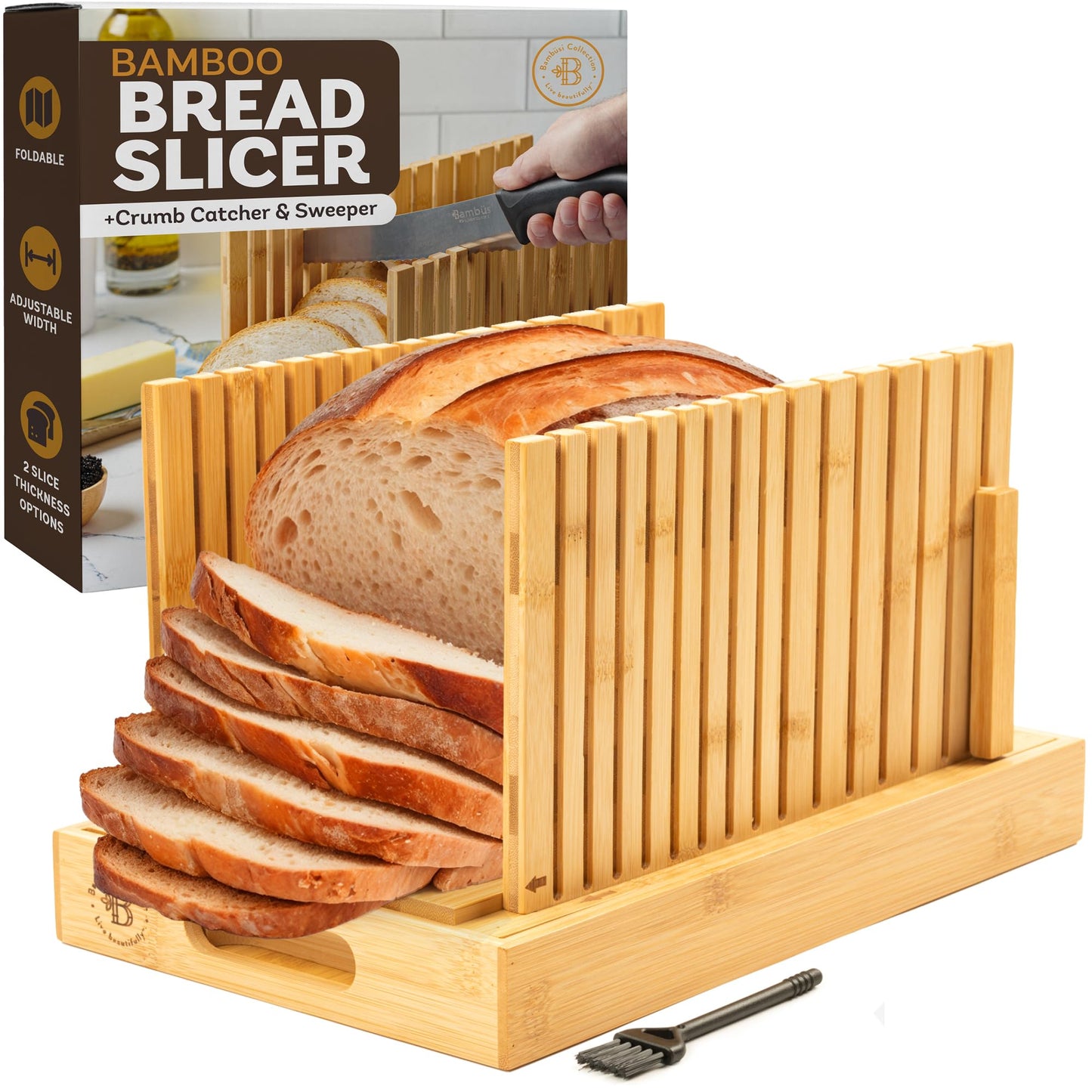 Bread Slicer for Homemade Bread - Bambüsi Upgraded Adjustable Bamboo Bread Cutter Board, Foldable Slicing Guide with Crumb Tray for Sourdough, Artisan Loaves, Bagels, Cakes, Bakery Kitchen Gadget Gift
