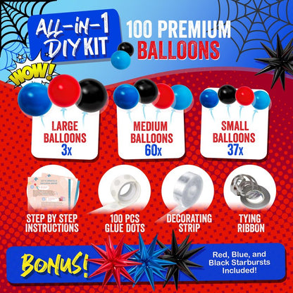 ALL-IN-1 Spider Balloon Arch Kit with BONUS Starburst for Spidy Birthday Decorations - Red Blue Spider Balloons for Spidy Man Party Decorations - Miles Birthday Decoration, Spidey Balloons