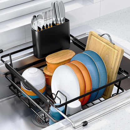 Over the Sink Dish Drying Rack,In Sink Dish Drying Racks,Expandable Dish Rack Over Sink Counter,Adjustable Dish Drainer for Inside Sink with Utensil Holder, Stainless Steel Dish Strainer XLarge Size