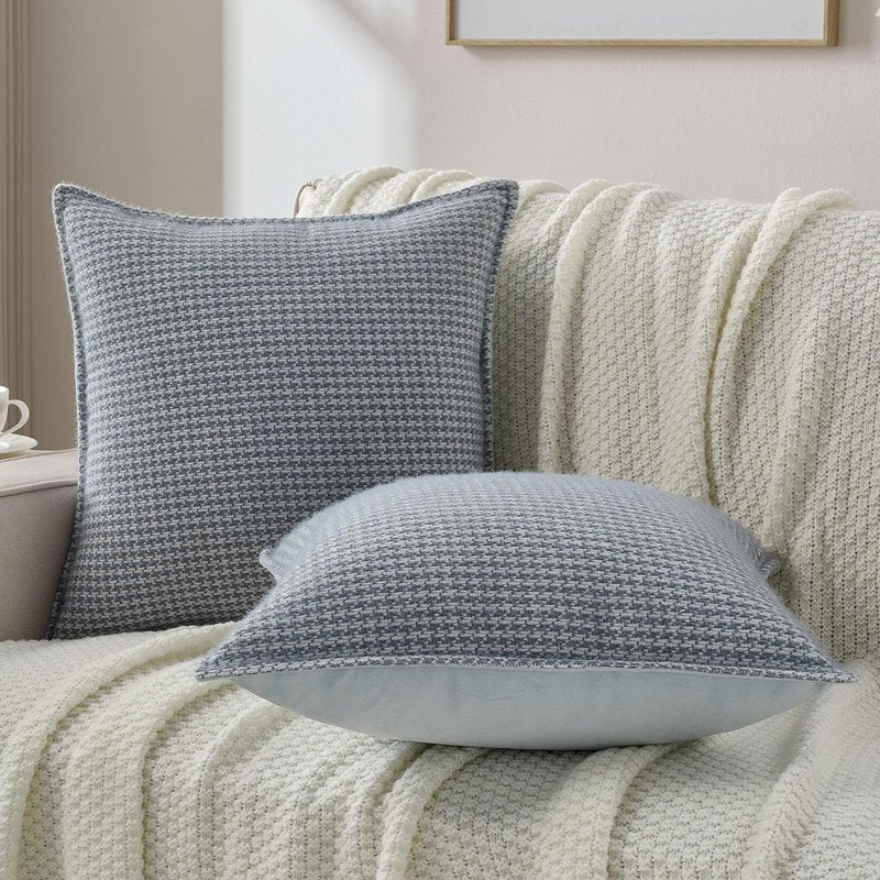 FUTEI Pack of 2 Houndstooth Throw Pillow Covers 18x18 Inch Soft Chenille Gingham Textured Farmhouse Decorative Cushion Case Modern Home Decor for Couch Bedroom Living Room, Grayish Blue