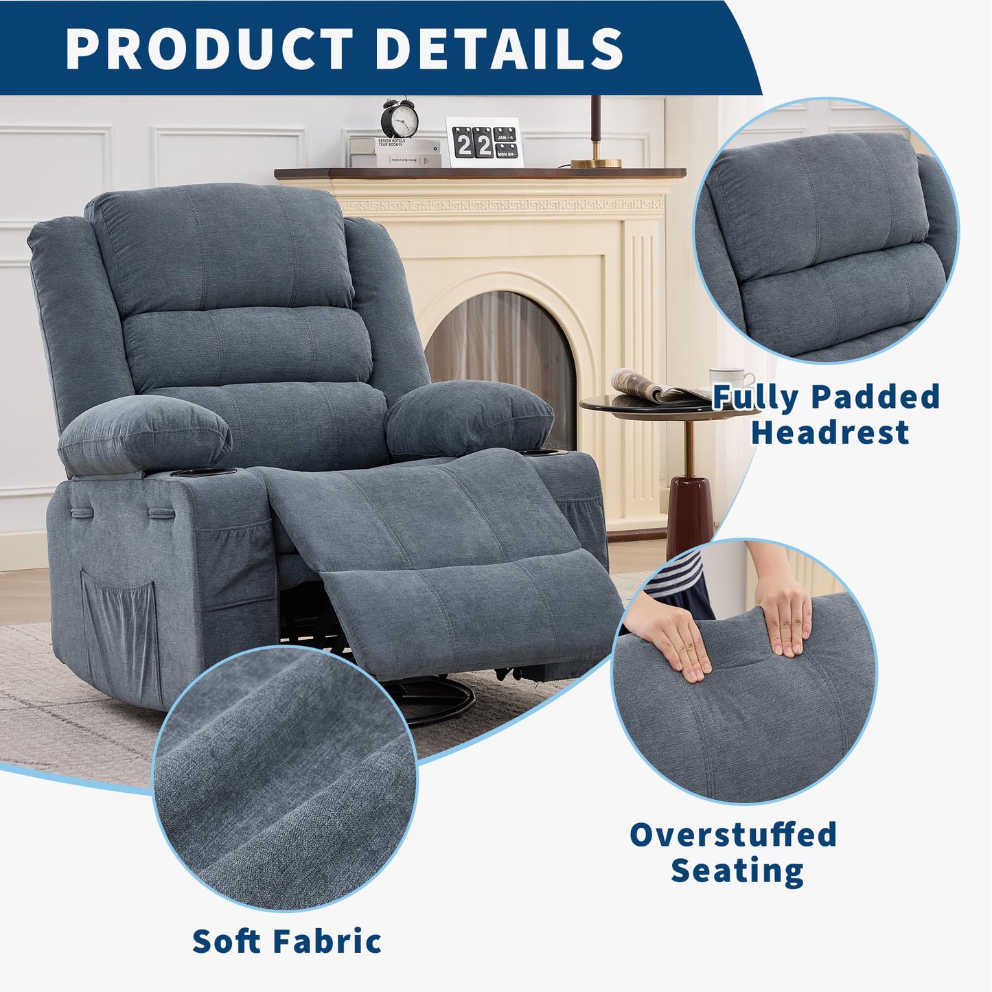 Rocking Recliner Chair for Adults Wide 360° Swivel Rocker Recliner with Cup Holder Nursery Glider with Upholstered Deep Seat Linen Lazy boy Chair for Living Room Blue
