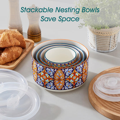 vancasso Serving Bowls with Lids Set of 4, Ceramic Nesting Mixing Bowls for Food Storage, Prep and Stackable, Dishwasher & Microwave Safe Gift Set, 60/36/20/10 OZ, Series SIMI