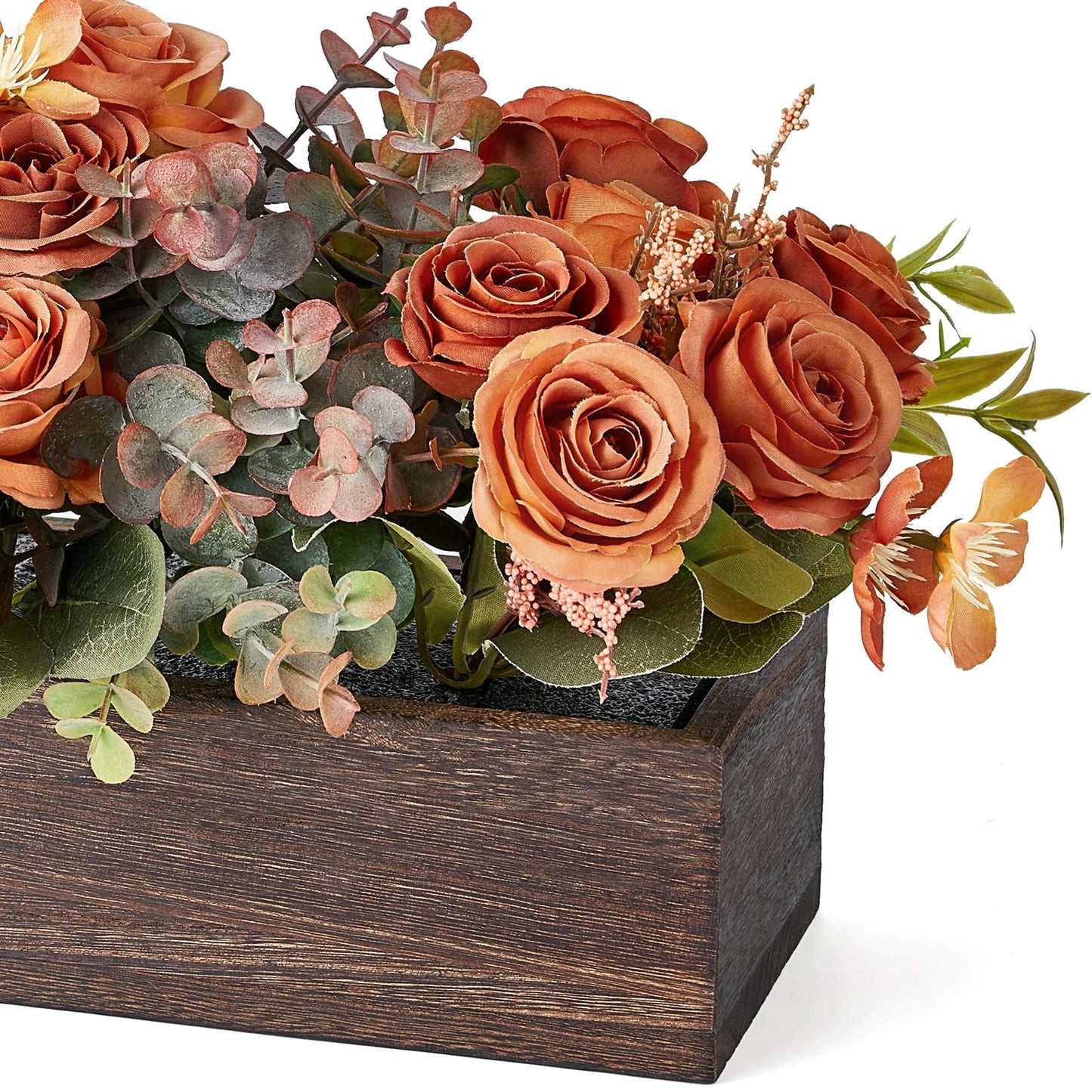 Dahey Centerpiece Table Decorations for Dining Room Farmhouse Living Room Fall Table Centerpieces Decor Wood Tray with 3 Artificial Flowers and 2 Eucalyptus for Kitchen Table, Orange