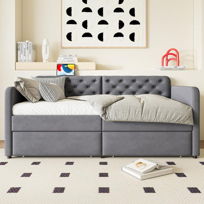 GDFStudio Twin Size Bed Frame with 2 Storage Drawers, Velvet Upholstered Twin Daybed with Headboard and Charging Station, Tufted Wood Platform Bed Frame, Solid Slats, No Box Spring Needed, Grey
