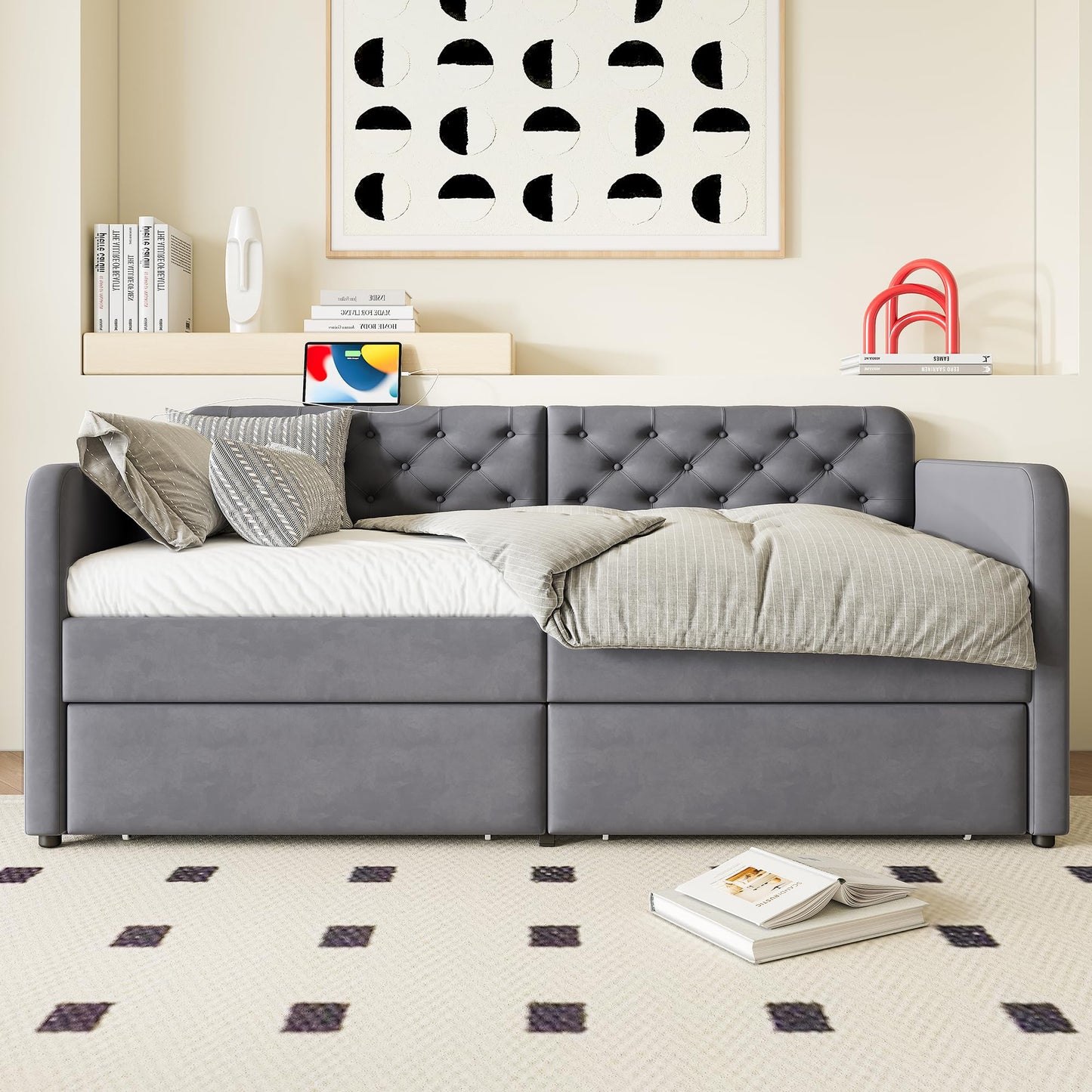 KEIKI Twin Upholstered Daybed with 2 Storage Drawers & USB Charging, Plush Velvet Button-Tufted Headboard, Sofa Bed for Living Room or Bedroom, No Box Spring Needed, Gray
