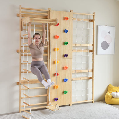 Avenlur Walnut 9-in-1 Swedish Ladder Wall Gym Set - 94.5 Inches - Trapeze Swing, Rope Ladder, Rock Wall, Rope Wall, Rock Ramp Climber, Slide, Pull-up Bar, Ladder and Swing