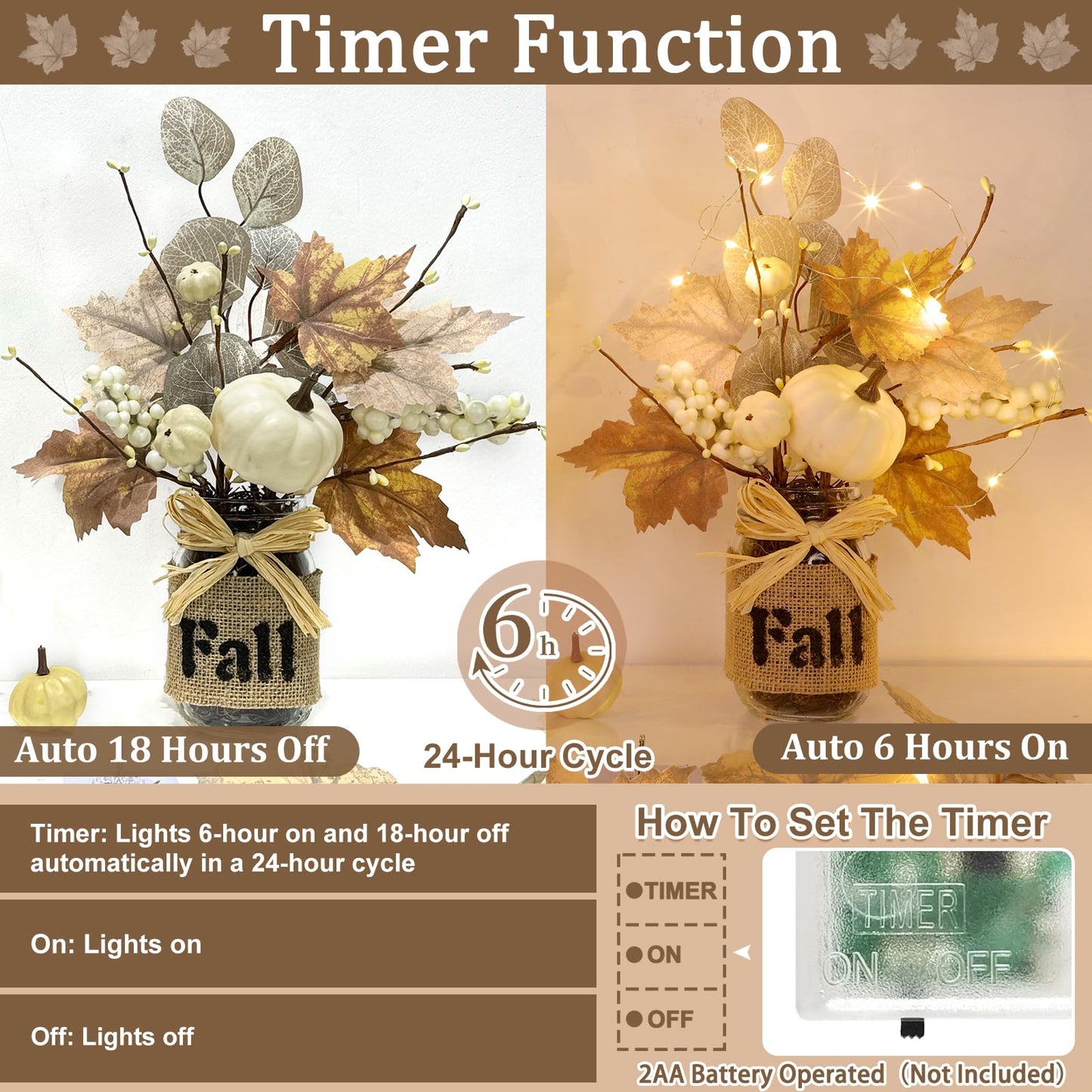 2 Pack 13.5 Inch Fall Decorations Fall Table Decor, Mason Jar with Maple Leafed Pumpkins Berried 20 LED Lights Timer Thanksgivings Fall Centerpieces for Dinner Table Kitchen Bathroom Office Home Decor