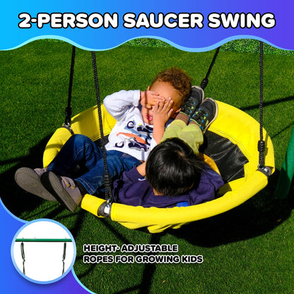 Sportspower Swing Climb and Glide Metal Swing Set 6 in 1: Heavy-Duty A-Frame, Belt Swing, Glider, Saucer, Climbing & Net Ladders (Green)