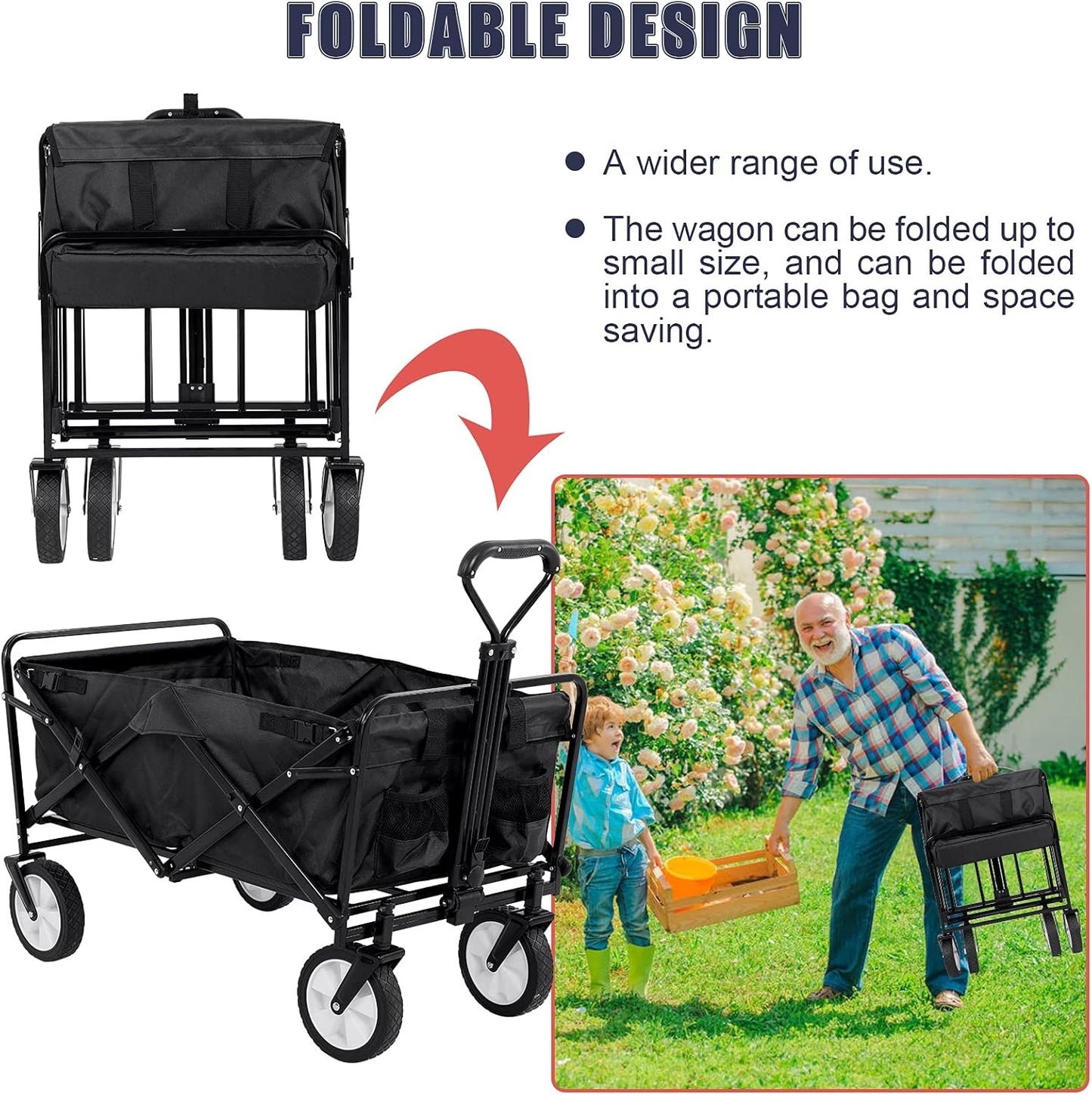 360 Collapsible Wagon Foldable Heavy Duty Steel Utility Outdoor Beach with Big Wheels for Sand, Garden Cart Grocery