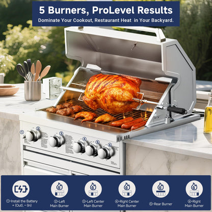 BODEGA 30 Inch Propane Gas Grill, 4x12000-BTU Gas Grill & 1x10000-Infrared Back Burner, Stainless Steel 5-Burner Propane Grill for Outdoor Kitchen, Rotisserie Chicken Fork Kit | Backyard BBQ, Camping.