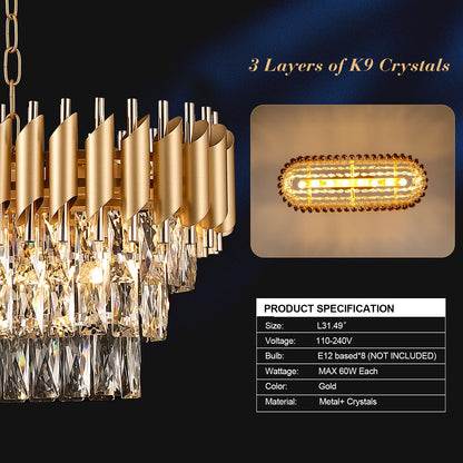 A AXILIXI Modern Rectangular Chandelier Gold Crystal Chandeliers for Dining Room 8-Light Linear Ceiling Pendant Light Long 32” Luxury Oval Chandelier for Kitchen Island Living Room