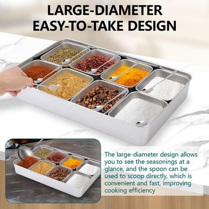 KIMISS Box Seasoning Organizer Box 8 Grids Stainless Steel Jars Container Set Rack with Lids And Spoons for Salt Snacks Flour Dry Goods Fruits