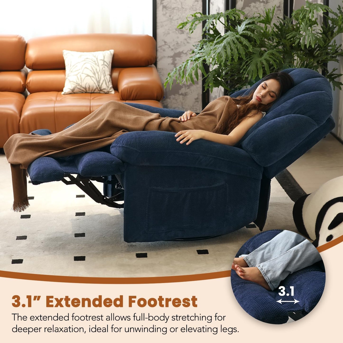 EONIX Dual Motor Power Swivel Rocking Recliner Chair for Living Room, Armless Oversized Shell Shape Lazy Boy Rocker Recliner, Plush Fabric Thickened Cushion, Elevated Soft and Comfort, Navy Blue