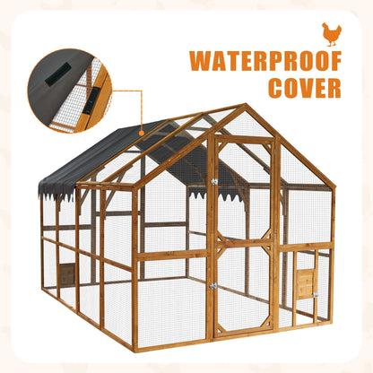KEIKI Chicken Coop, 9.3 x 6.2 x 6 FT, Large Wooden Chicken Run with Waterproof Cover, Outdoor Walk-in Hen House, for Backyard Farm, Yellow