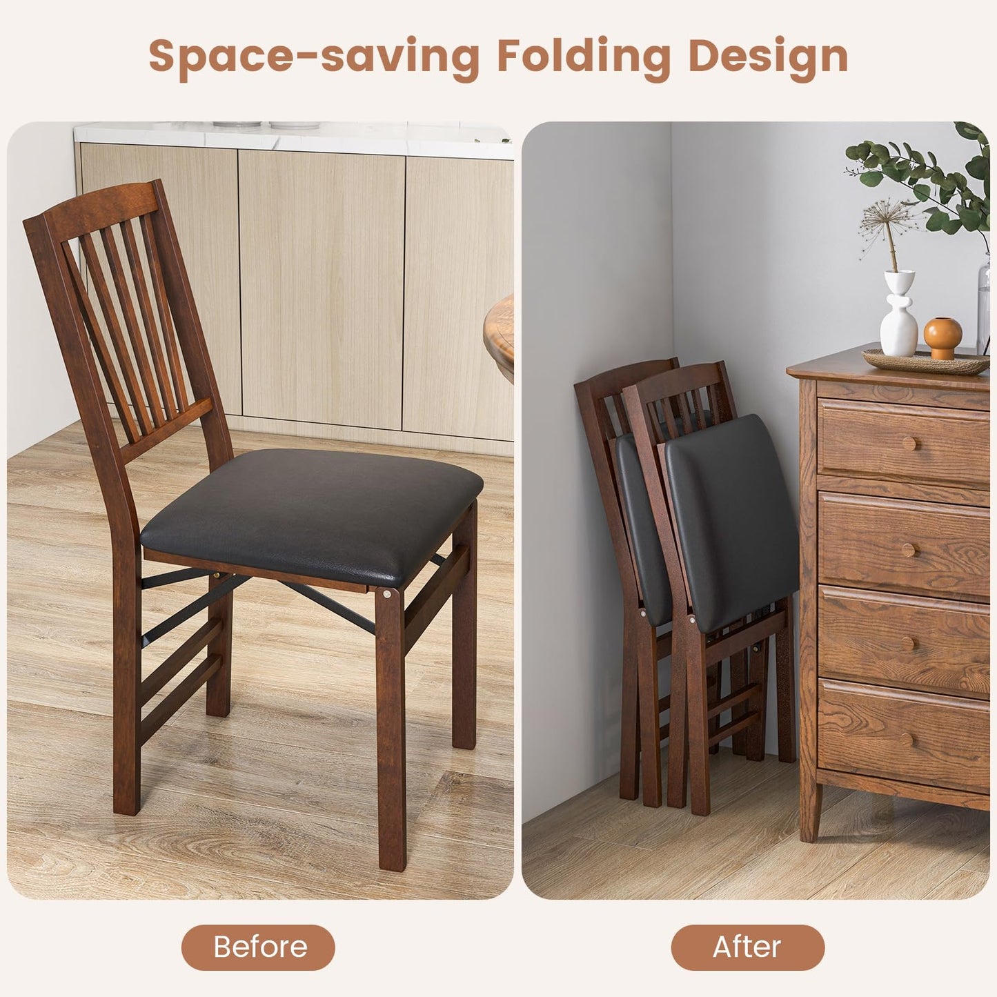 KOTEK Folding Dining Chairs Set of 4, Wooden Kitchen Chairs with Padded Seat & Solid Wood Frame, 400 LBS Weight Capacity, No Assembly Foldable Chair for Dining Room, Living Room
