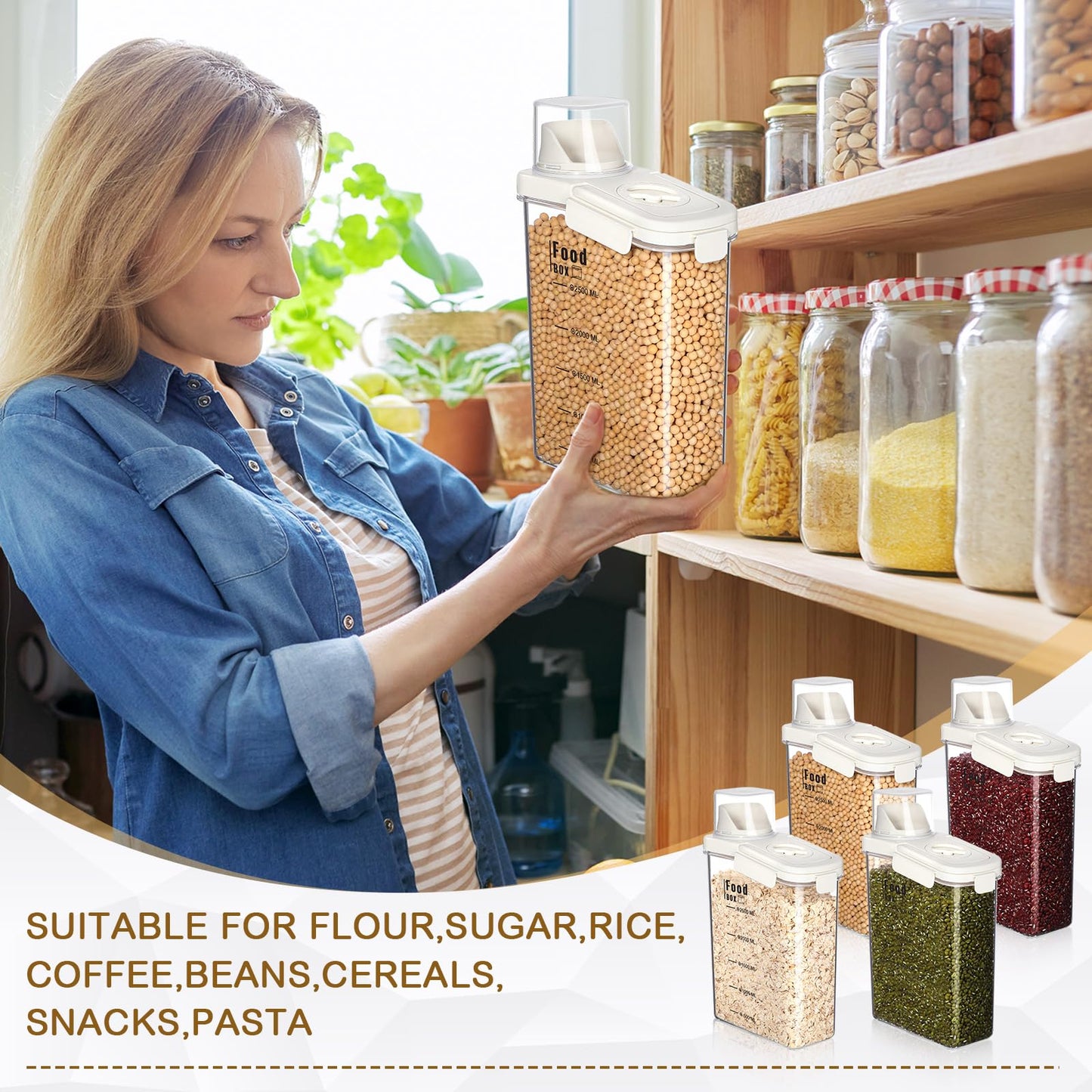 Blushtier 4 PCS Cereal Containers Storage 2.5L Airtight Large Dry Food Containers with Pouring Spout Cereal Storage Dispenser Measuring Cup for Flour and Baking Supplies, White