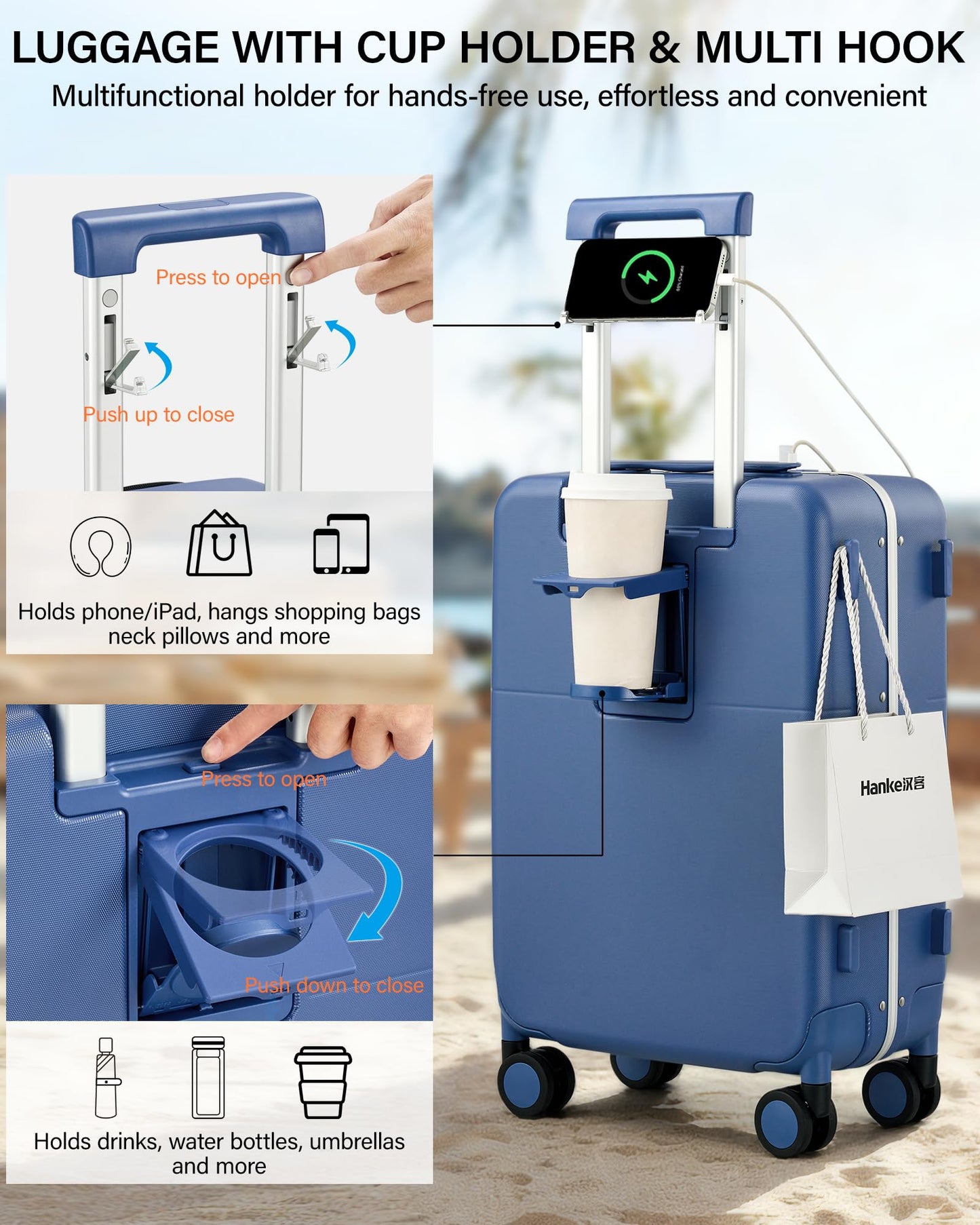 Hanke 28 Inch Top Opening Hard Shell Checked Luggage, PC Aluminum Frame Large Trunk Luggage with Cup Holder & USB Ports, TSA Lock, 8 Silent Spinner Wheels, Removable Divider, Interstellar Blue