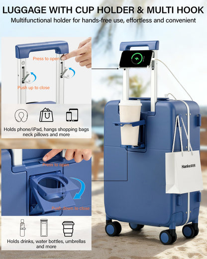 Hanke 28 Inch Top Opening Hard Shell Checked Luggage, PC Aluminum Frame Large Trunk Luggage with Cup Holder & USB Ports, TSA Lock, 8 Silent Spinner Wheels, Removable Divider, Interstellar Blue