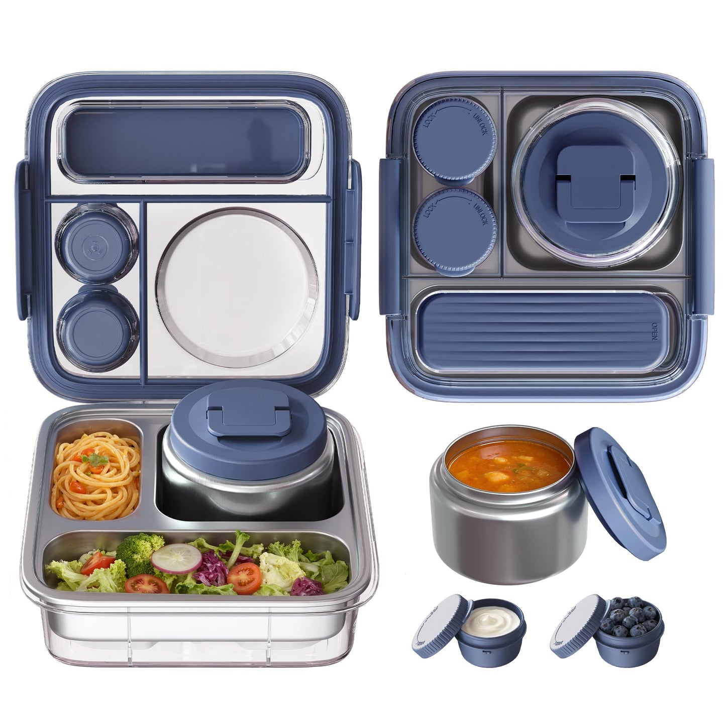 Fomazi Stainless Steel Bento Lunch Box for Kids Adults with 8oz Insulated Food Jar, Leak-proof, Dishwasher-Safe, Transparent Lid with Sauce Cup and Cutlery Storage for School & Travel,BPA-Free(Blue)