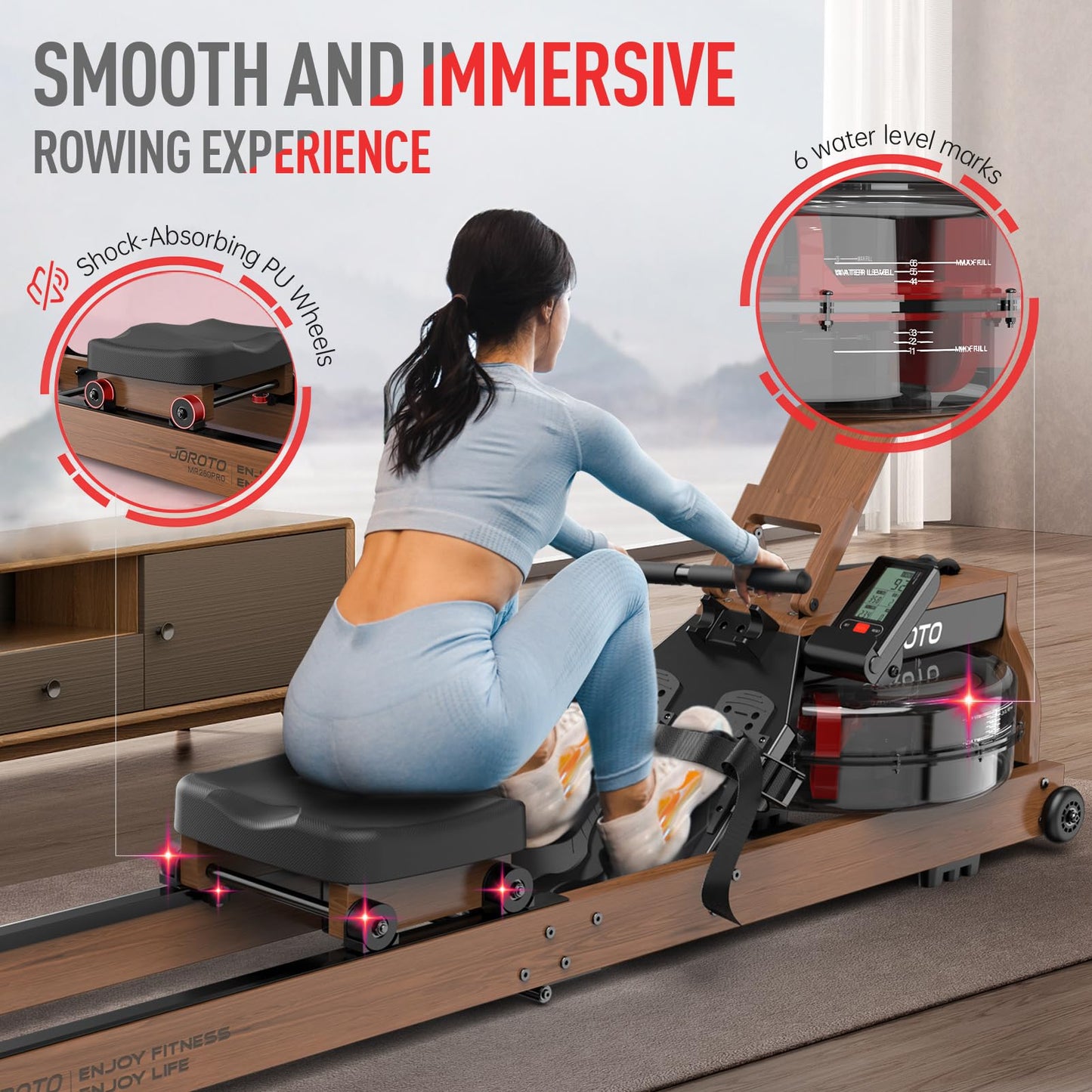 JOROTO Water Rowing Machines for Home, Foldable Rowing Machine with 400LBS Weight Capacity, Dedicated Monitor & Bluetooth APP, Large Water Tank & Comfortable Seat for Immersive Water Rower