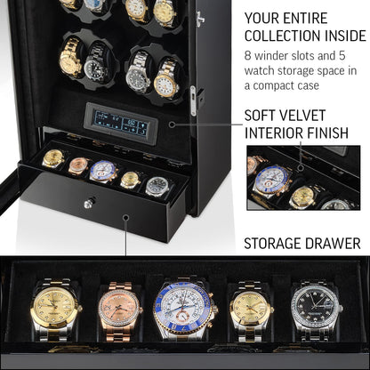 8 Watch Winder with LED Backlight and 5 Watch Storage Drawer