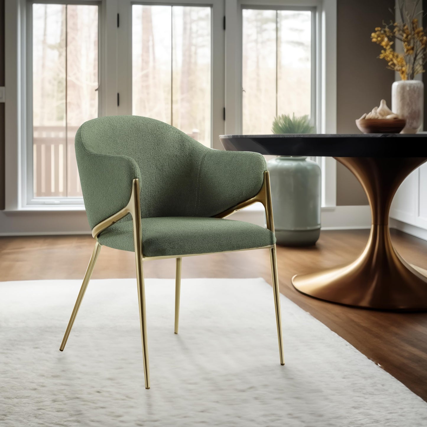 Meridian Furniture 559Green-C Nial Collection Modern | Contemporary Dining Chair with Rich Green Boucle Fabric, Iron Frame in Brushed Brass Finish, 22.5" W x 24.5" D x 31.5" H, Green, Set of 2