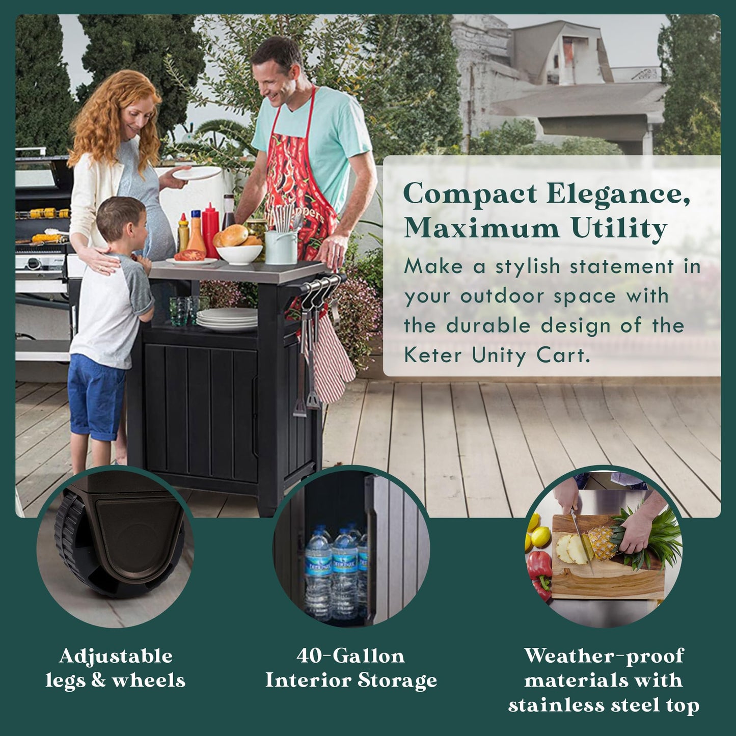 Keter Unity 40 Gallon Stainless Steel Top Patio Storage Grilling Bar Cart and Unity XL Outdoor Kitchen Rolling Bar Cart with Storage Cabinet, Brown