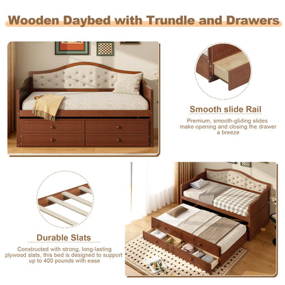 Merax Twin Daybed Frame with Trundle and 2 Storage Drawers, Sofa Bed Twin Size Wooden Bed with Upholstered Button Tufted Backrest for Living Room, Bedroom, Guest Room (Walnut)