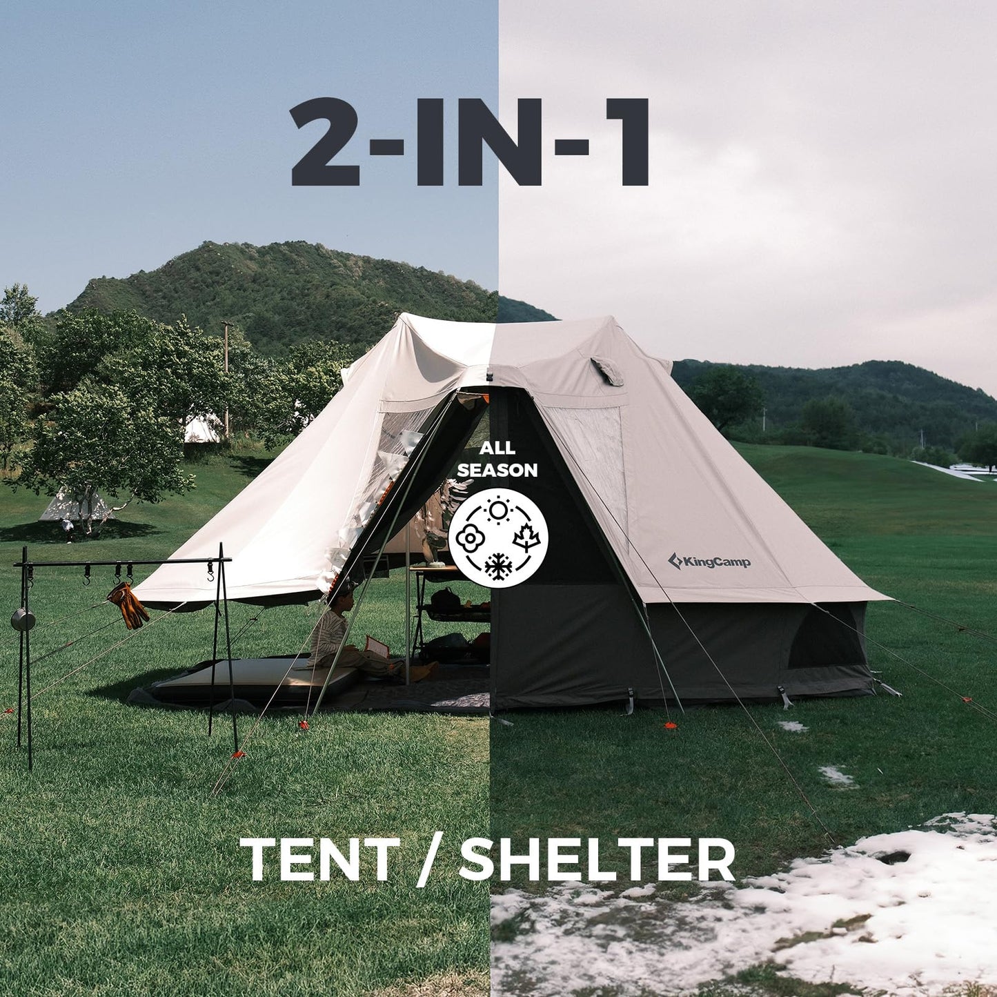 KingCamp Canvas Tent for Camping, 4 Seasons Large Waterproof & Windproof Luxury Glamping Tent with Stove Jack for Family Outdoor Camping, Hunting & Parties