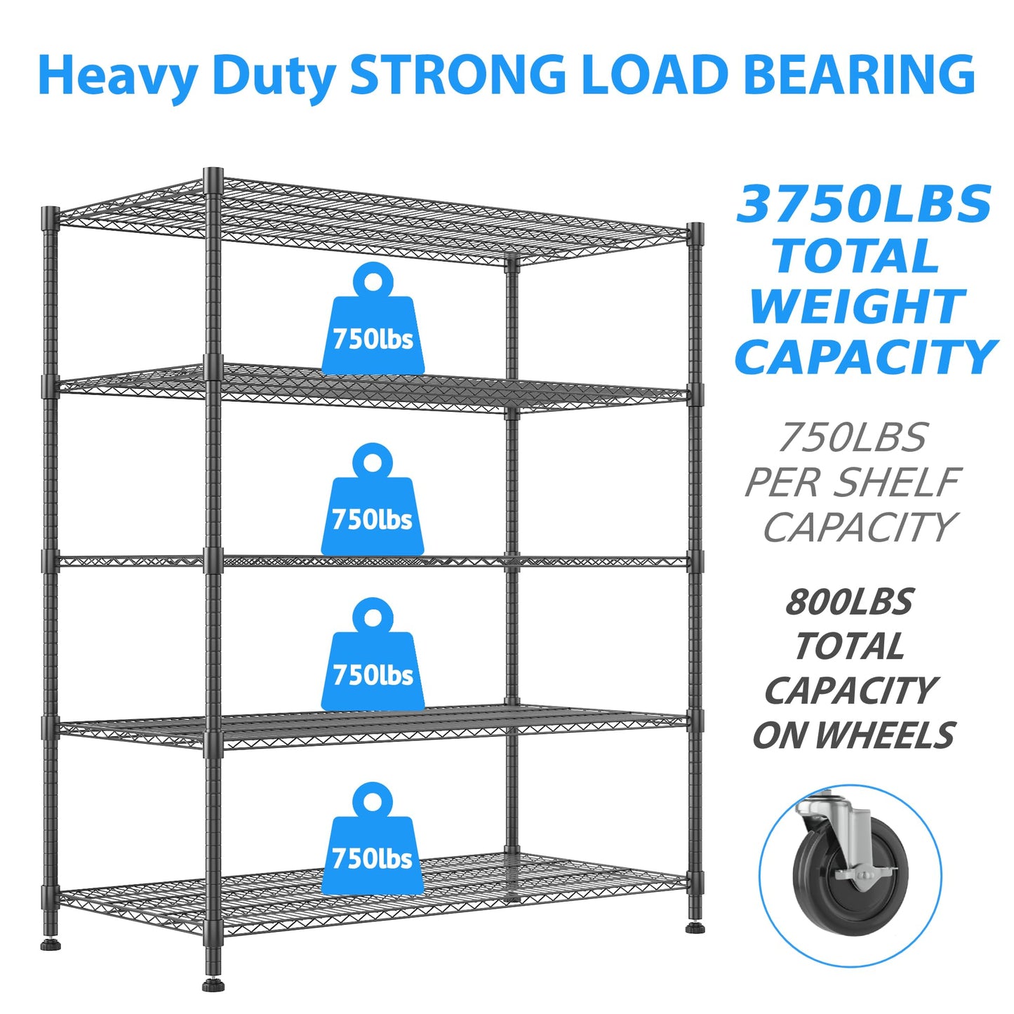 Homdox Heavy Duty Storage Shelves, 5 Tier Wire Shelving Unit with Wheels, Commercial Adjustable Metal Shelves for Storage, Garage Rack Pantry Shelves Kitchen Shelving, 24"x60"x82", Black