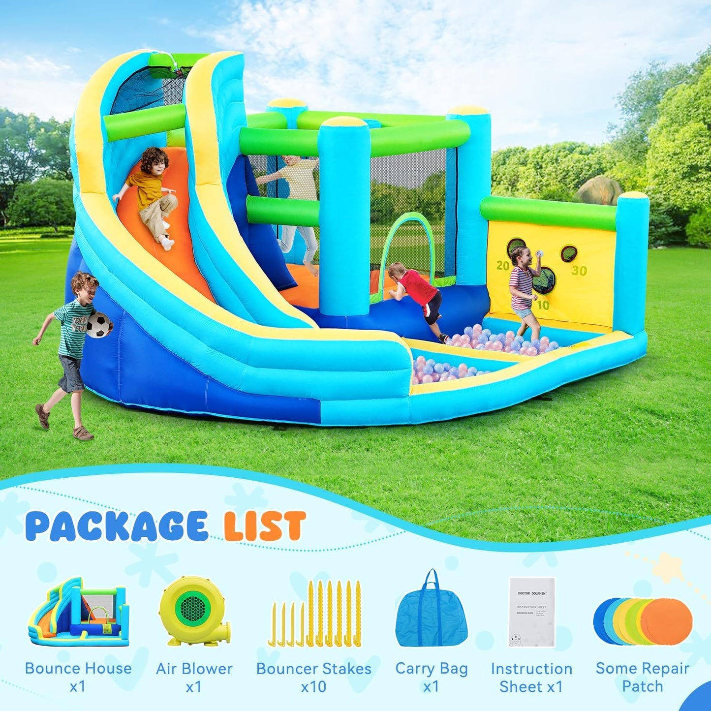 FBSPORT Inflatable Bounce House, Water Slide Park Slide Bouncer with Ball Shooting, Climbing Wall, Jumping and Splash Pool, Kids Bouncy Castle with 450W Air Blower for Outdoor Backyard