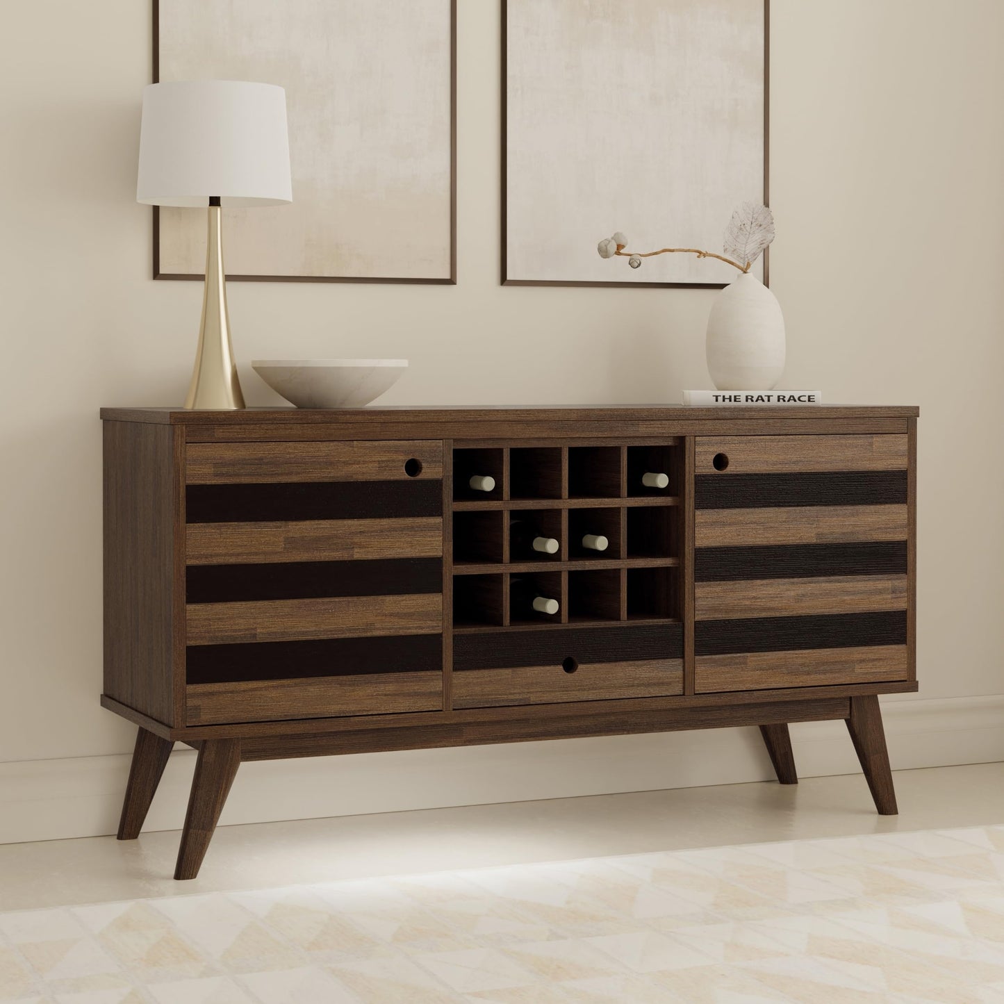 SIMPLIHOME Clarkson Buffet - 60 inch Wide Solid Acacia Wood 3-Door Sideboard Buffet in Rustic Natural Aged Brown, Mid-Century Cabinet for Dining Room or Kitchen with Wine Storage and Open Shelf