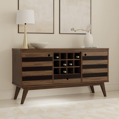 SIMPLIHOME Clarkson Buffet - 60 inch Wide Solid Acacia Wood 3-Door Sideboard Buffet in Rustic Natural Aged Brown, Mid-Century Cabinet for Dining Room or Kitchen with Wine Storage and Open Shelf