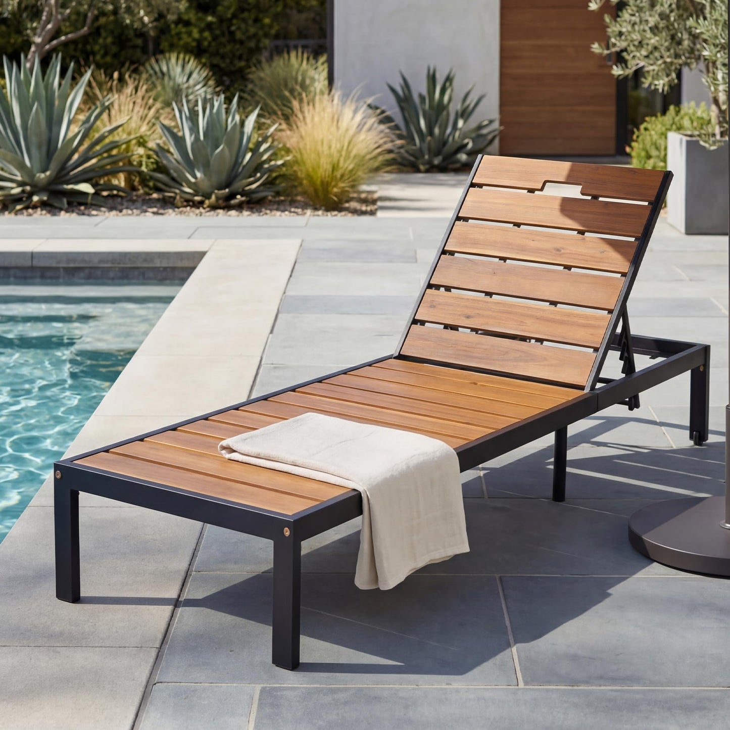 ApilithHive Outdoor Chaise Lounge with 6-Position Adjustable Backrest, Acacia Wood and Steel Frame, 78.7", 400 lbs Capacity, Black+Natural
