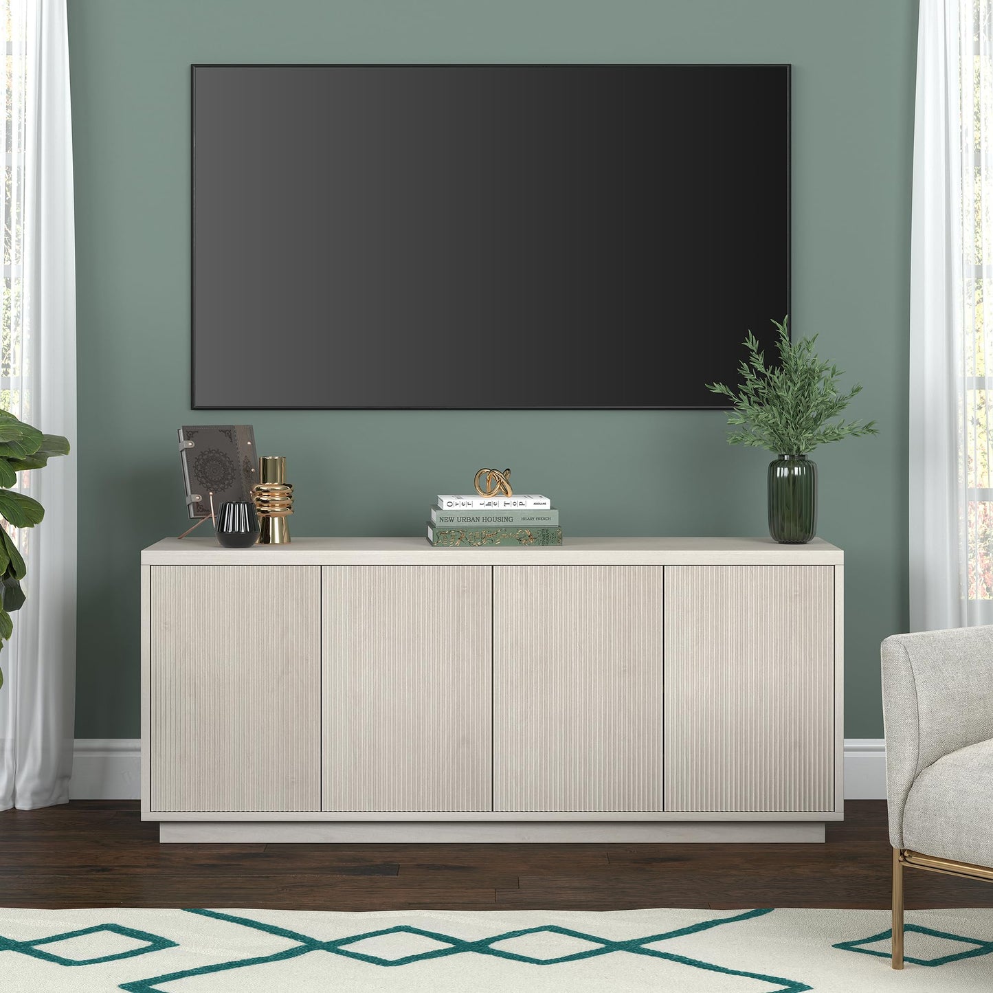 Henn&Hart Fluted TV Stand for TVs up to 65" with 2 Concealed Ribbed Storage Cabinets and Adjustable Shelves for Living Room, Family Room, or Office, Beech White