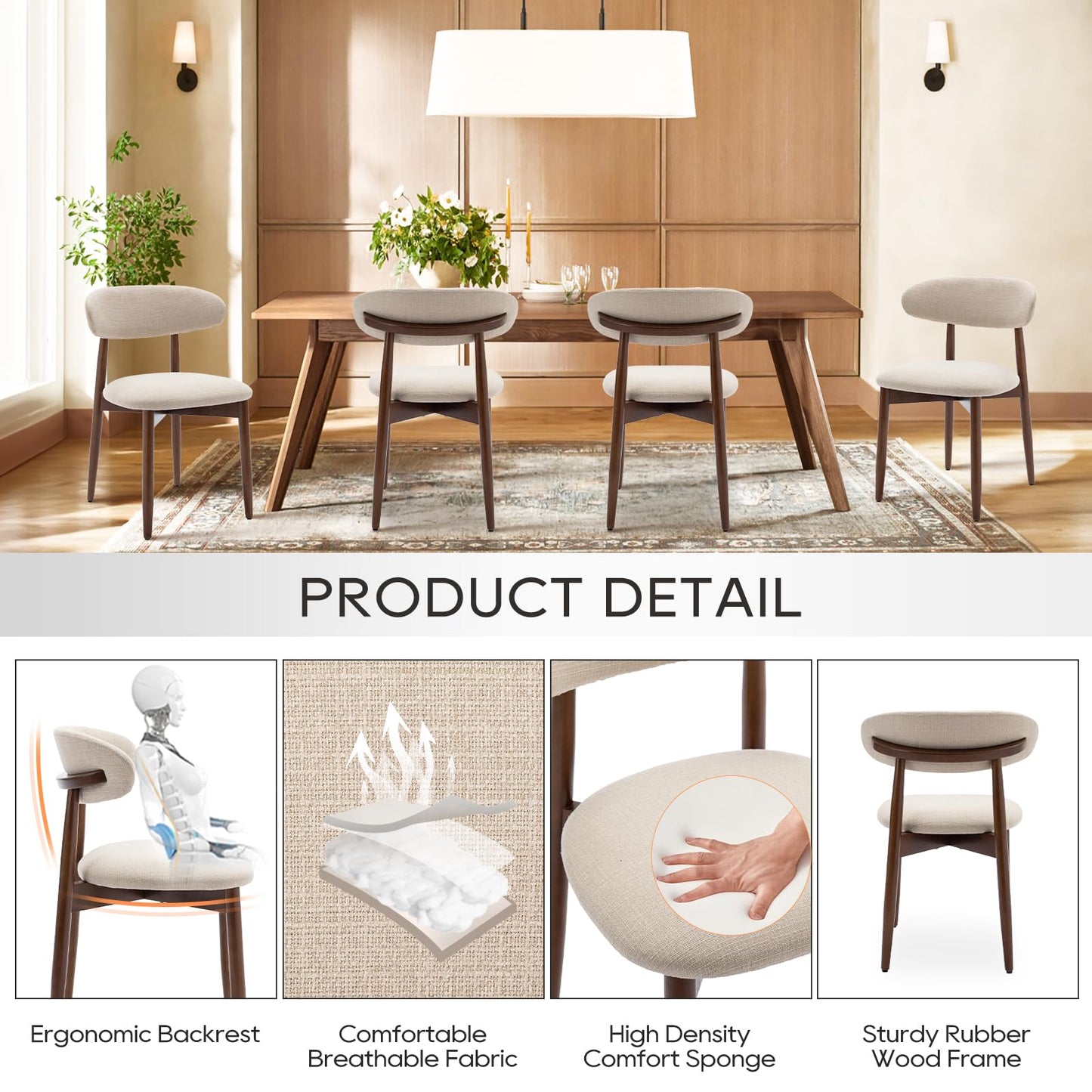 COLAMY Wooden Dining Chairs Set of 6, Modern Upholstered Fabric Dining Room Chair, Farmhouse Kitchen Side Chairs with Foot Pegs, Beige