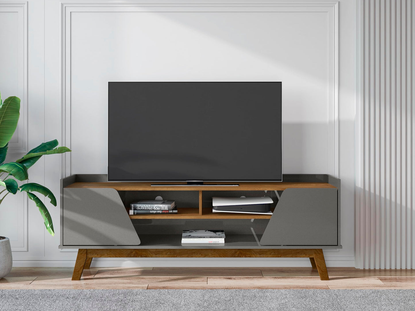 Manhattan Comfort Marcus Mid Century Modern 65 Inch TV Stand with Solid Wood Legs, Cable Management, 5 Shelves and Soft Close Doors, Entertainment Center and Media Console for Living Room, Grey