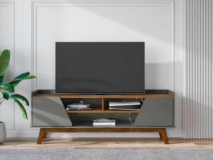 Manhattan Comfort Marcus Mid Century Modern 65 Inch TV Stand with Solid Wood Legs, Cable Management, 5 Shelves and Soft Close Doors, Entertainment Center and Media Console for Living Room, Grey