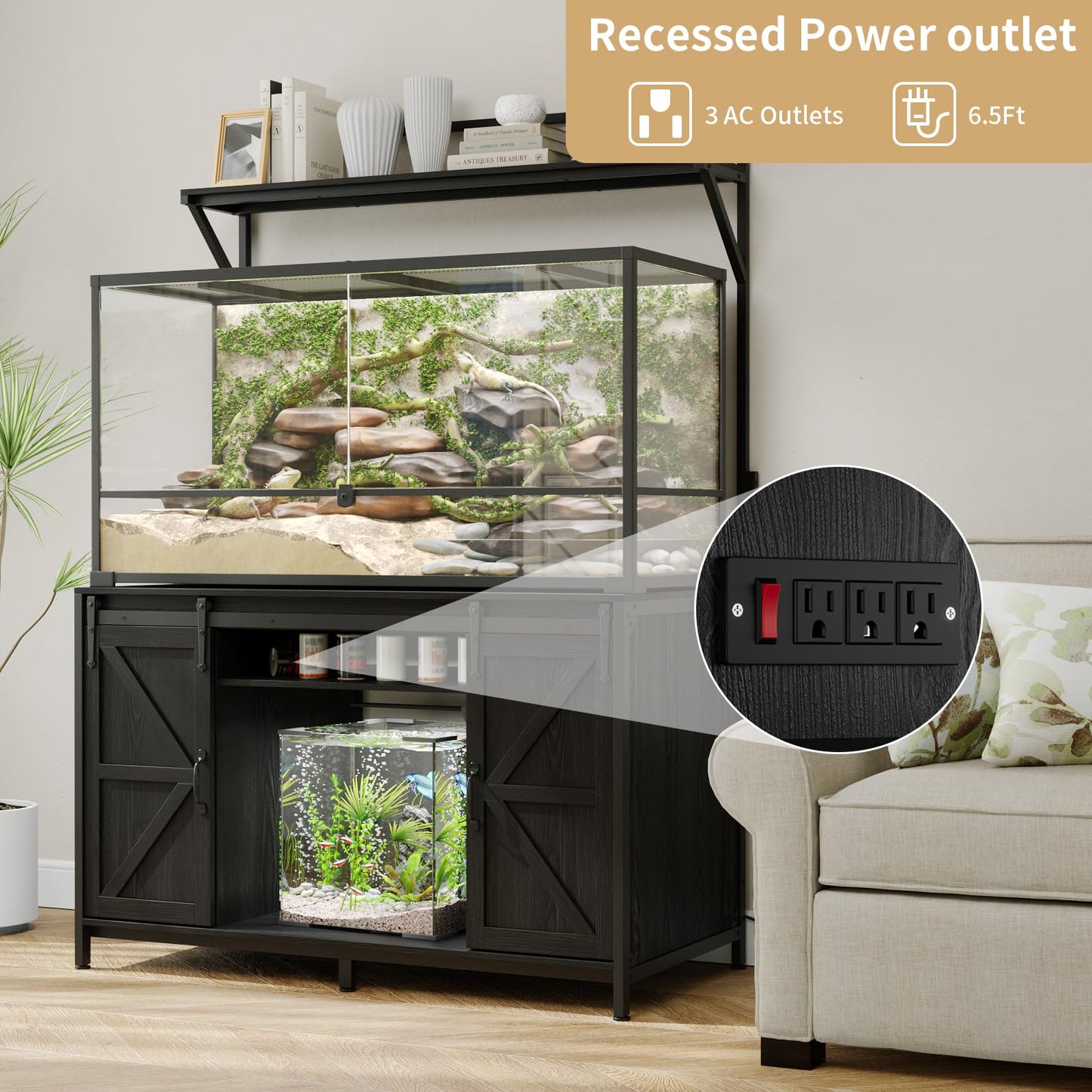 VOWNER Farmhouse Reptile Tank Stand with Power Outlet, 48" X 24" Tabletop Fits up 120 Gallon Bearded Dragon Tank, Heavy Duty Aquarium Stand with Storage Cabinet, Reptile Turtle Terrarium Stand Black
