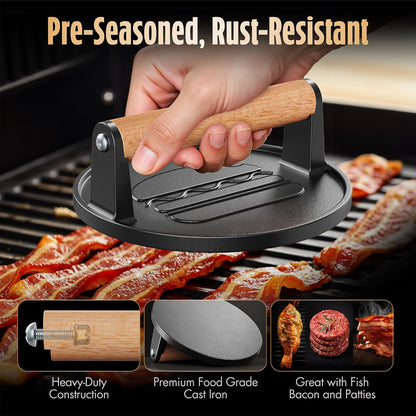 Pisol Smash Burger Press, Pre-Seasoned Cast Iron Hamburger Smasher, 2 lb Heavy-Duty Grill Bacon Meat Press Tool with Wood Handle, 6.6”