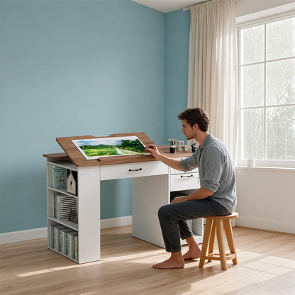 Lurinthal Drafting Table with Storage Cabinet & Drawers, Adjustable Drawing Desk with Open Shelves, Craft Table Painting Desk for Artists, Painters, Drawing, Crafting, Reading, Writing, Working