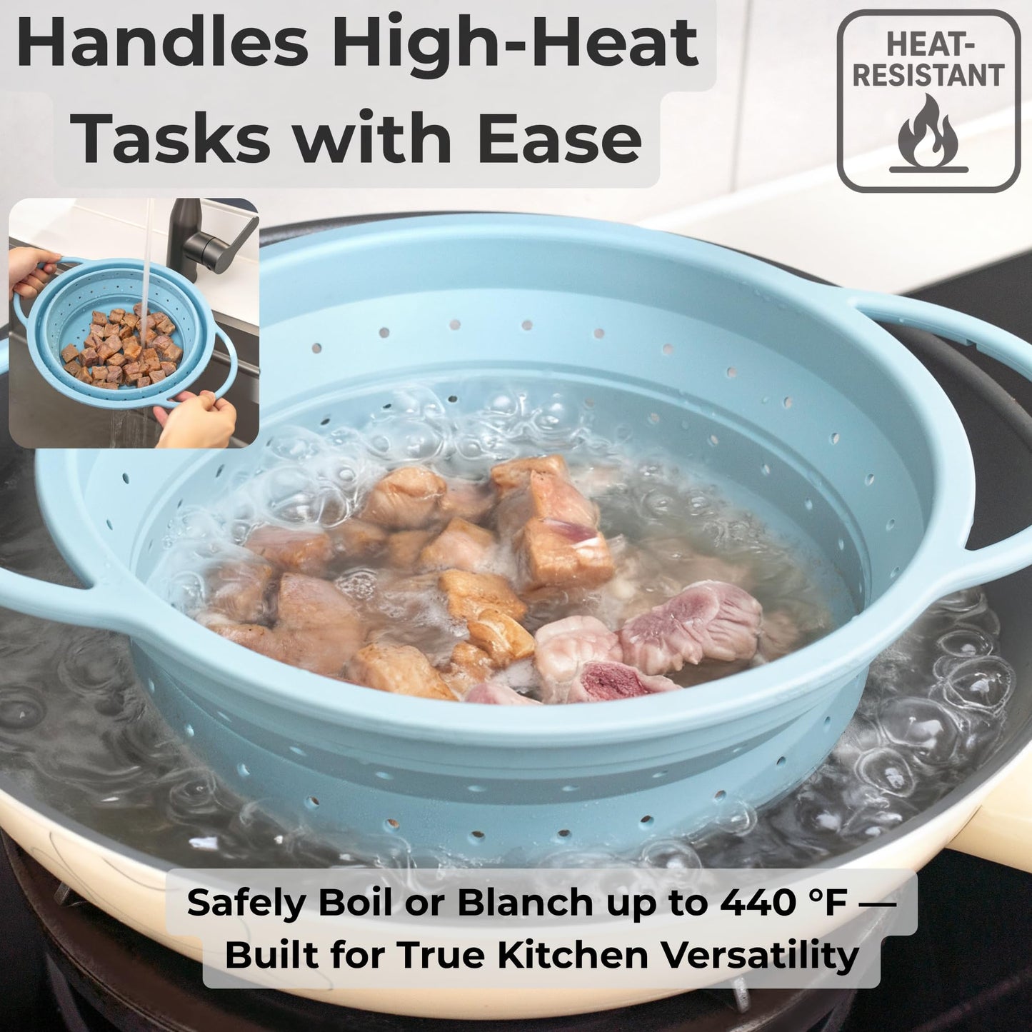 Silicone Colander Set – Collapsible Platinum Silicone Strainer with Stainless Steel Rim, Space-Saving & Heat-Resistant, Dishwasher Safe, BPA-Free by SelectShen™ (3 Pack)