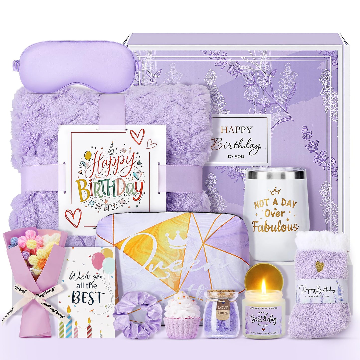 Joyliss Birthday Gifts for Women, 13PCS Unique Happy Birthday Gifts Basket for Mom Her Best Friend Sister Wife Girlfriend Coworker Bestie, Luxury Self Care Box Relaxing Spa Gifts Set (Lavender)