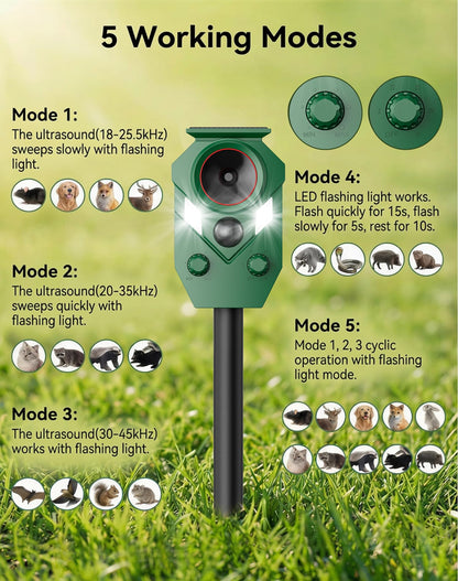 4 Pack Solar Deer Repellent Devices with Motion Sensor & LED Lights, Waterproof Cat Repellent Outdoor, Ultrasonic Animal Repeller Repels Dog, Raccoon, Skunk, Coyote for Garden, Yard & Lawn