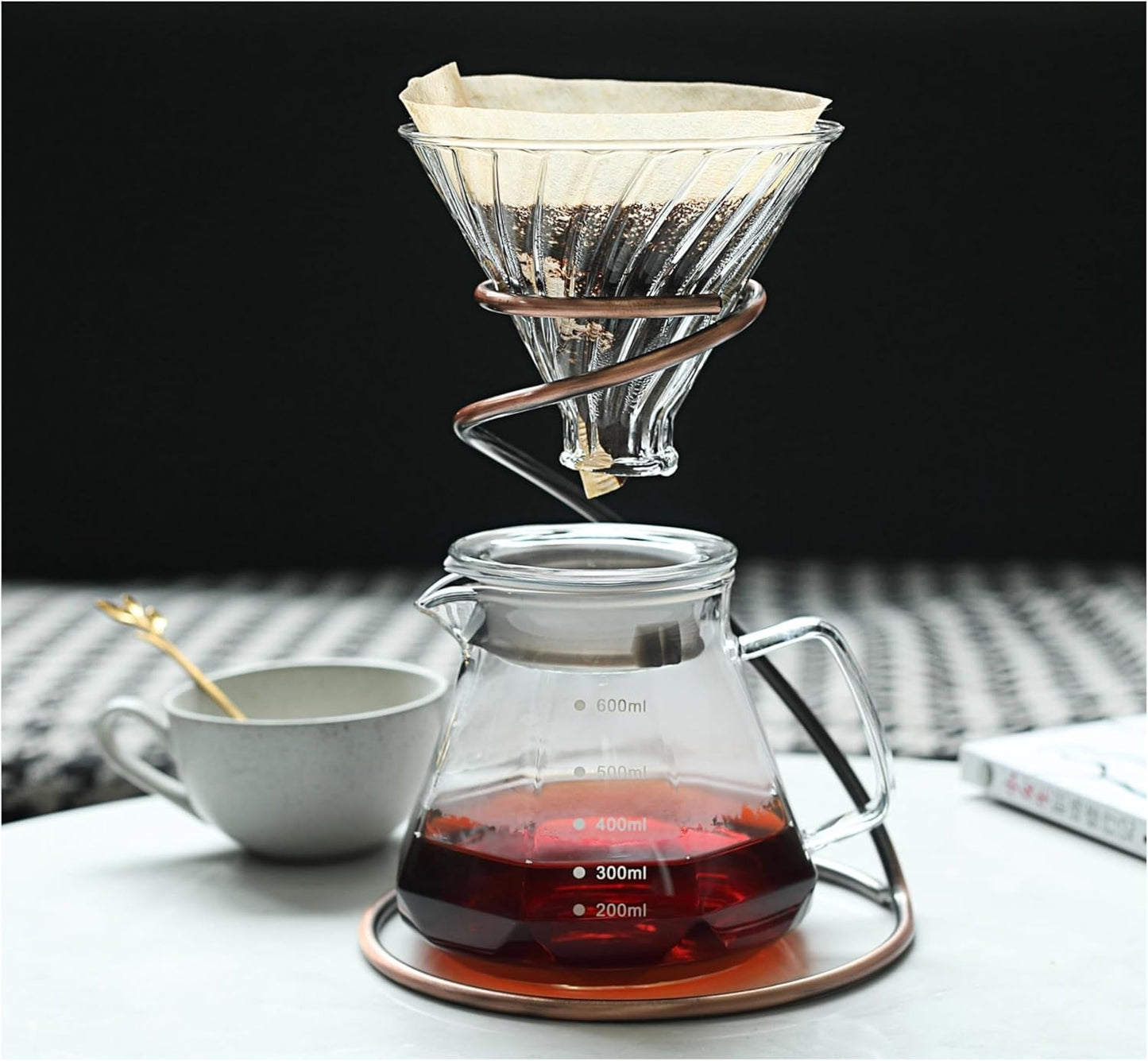 Pour Over Coffee Maker Set, 20oz/600ml Dripper & Glass Lid, Metal Stand and 100 Paper Filters, 4 in 1 Set