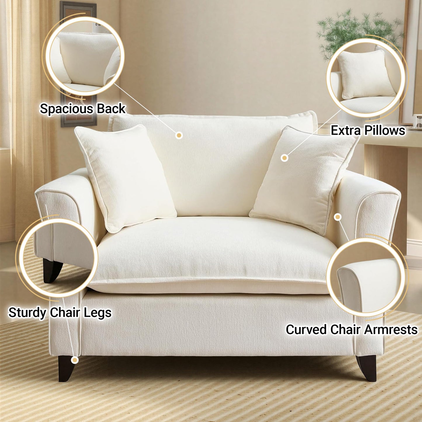 ERYE 46.9" Chenille Upholstered Accent Chair Wide Seat for Living Room Bedroom, Modern Leisure Cushion Armchair W/ 2 Pillows and Removable Cover for Home Apartment Office