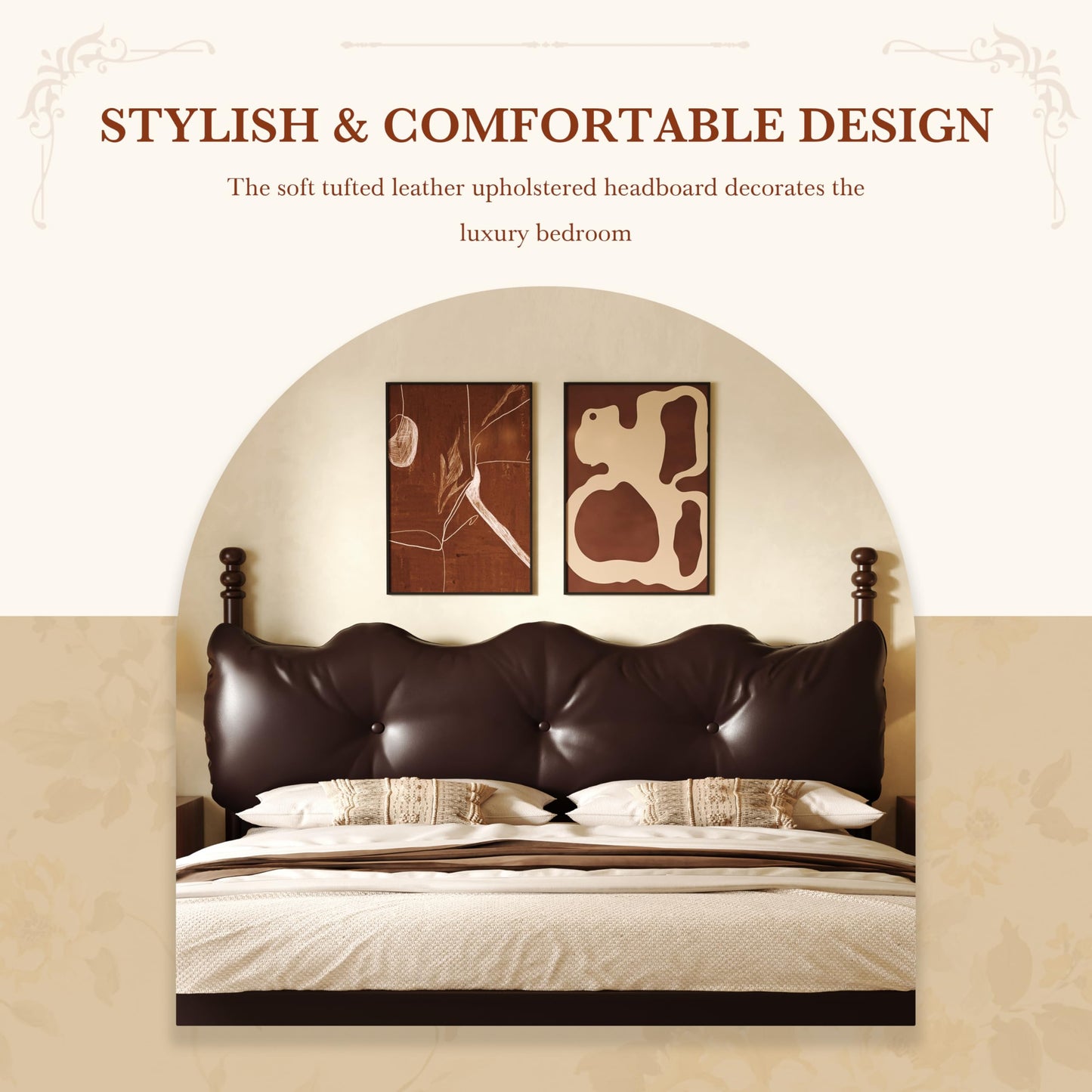 Christopher Knight Home Calka Classic King Bed Frame and Headboard, PU Leather Upholstered King Size Bed Frame with Tufted Design, Wooden Slats Support, No Box Spring Needed Bedframe, Dark Brown
