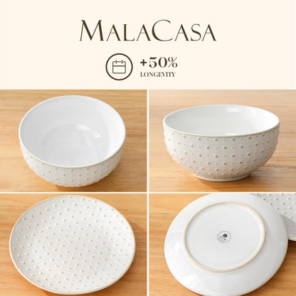 MALACASA 16 Pieces Dinnerware Sets, Modern Relief Design Plates and Bowls Sets, White Dish Set for 4, Kitchen Ceramic Dinner Plates Dishware Set, Microwave and Dishwasher Safe, Series LYDIA