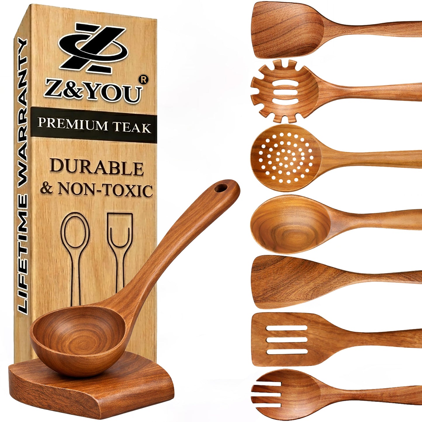 9-Piece Teak Wooden Utensil Set – Wooden Spoons for Cooking with Spoon Rest, Wooden Spatula, and Non Toxic Cooking Utensils – Premium Kitchen Utensils Set for Daily Use