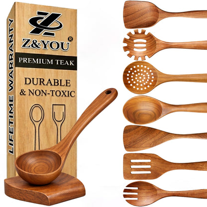 9-Piece Teak Wooden Utensil Set – Wooden Spoons for Cooking with Spoon Rest, Wooden Spatula, and Non Toxic Cooking Utensils – Premium Kitchen Utensils Set for Daily Use
